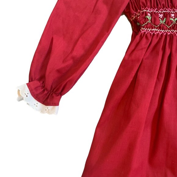 Vintage Polly Flinders Hand Smocked Floral Eyelet Peter Pan Collar Dress 5 - Picture 6 of 8